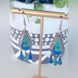 Mexican Alpaca silver Blue and Green Vintage swirl Earrings Inlaid Stone Chip